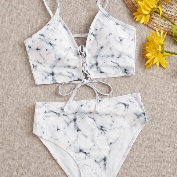 Boho Marble Print Tie Up High Waist Bikini Swim - Picture 3 of 3